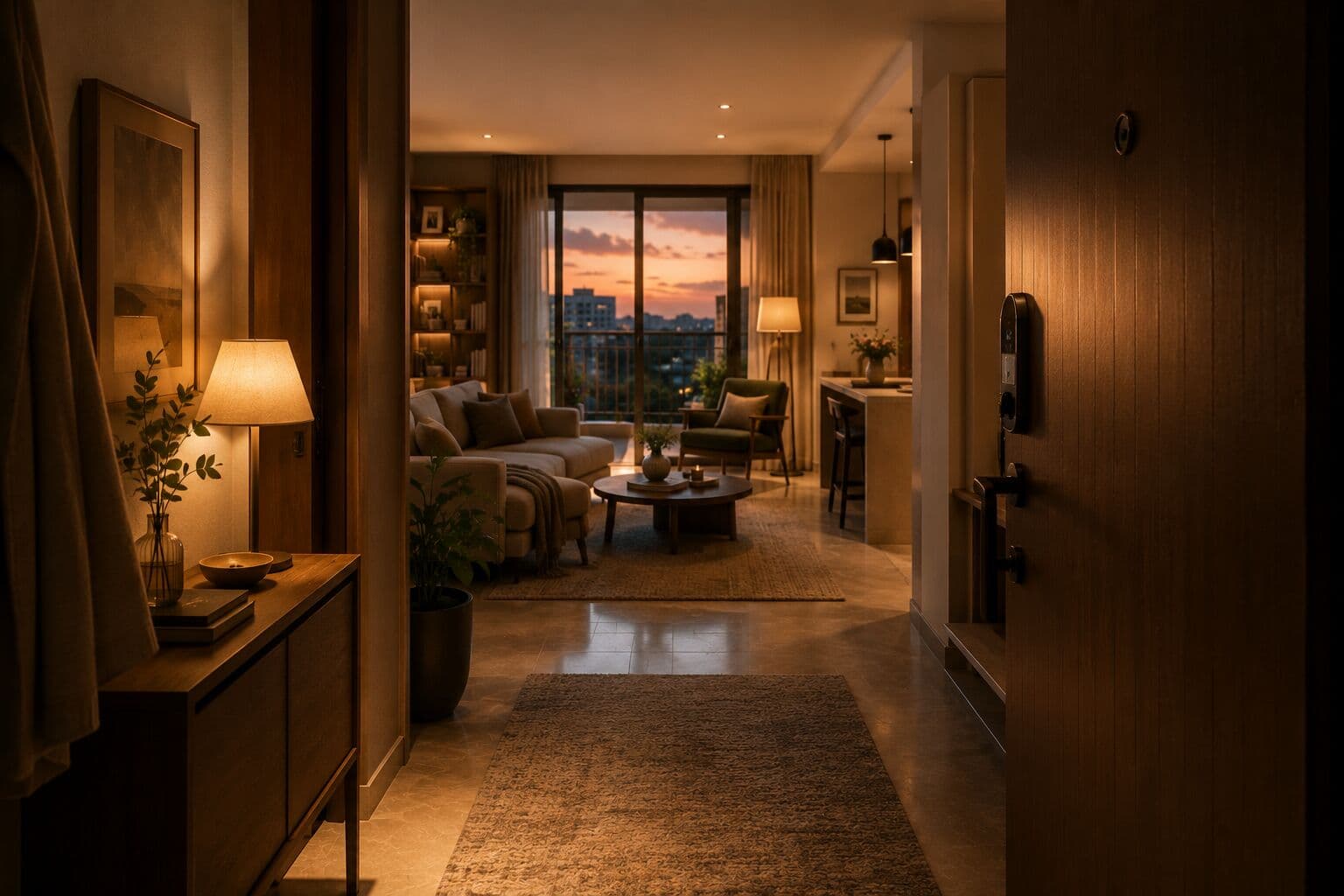 A warm, inviting living room entrance seen from the doorway