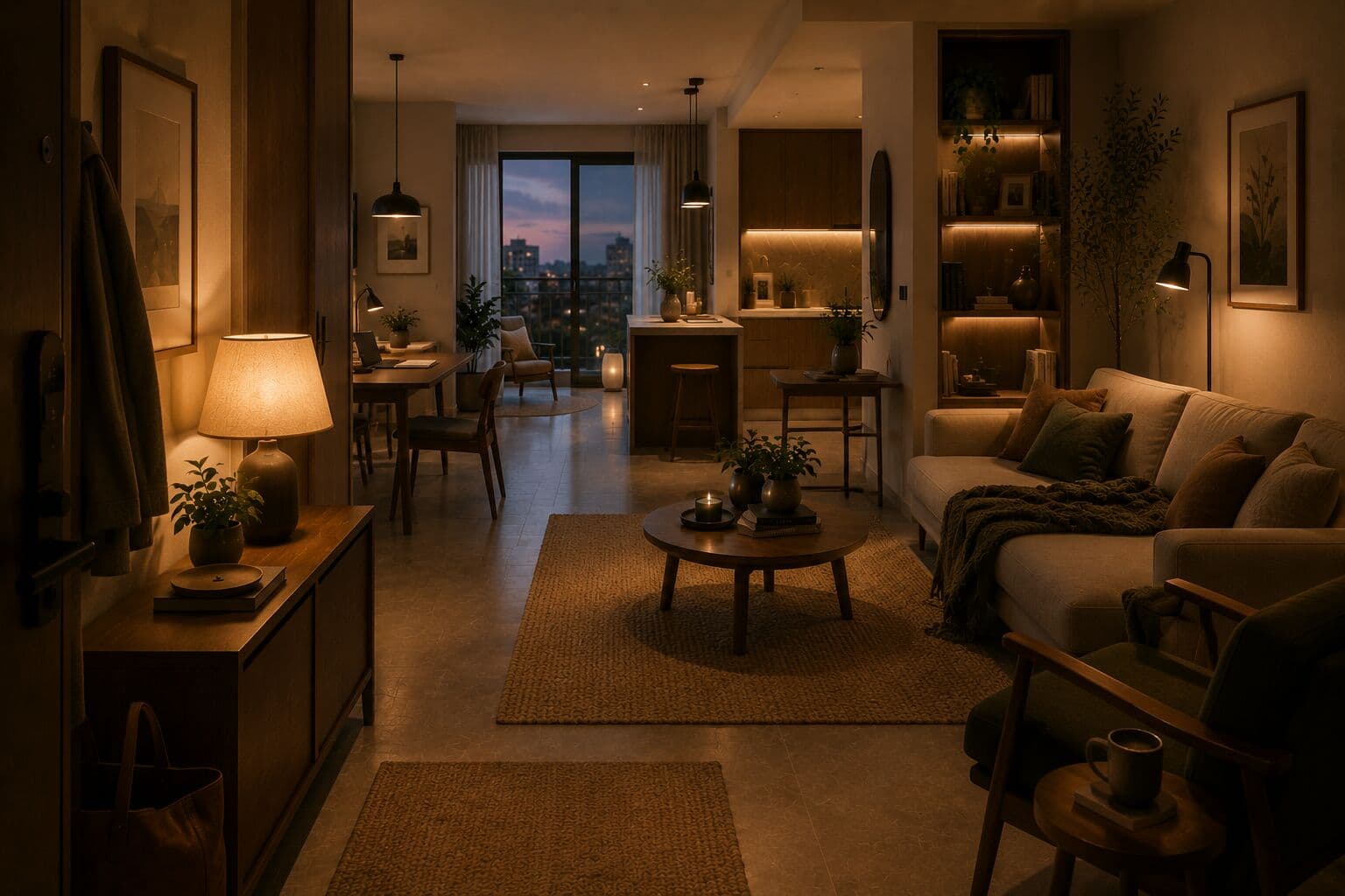 A calm, warmly lit entryway with soft textures and natural light