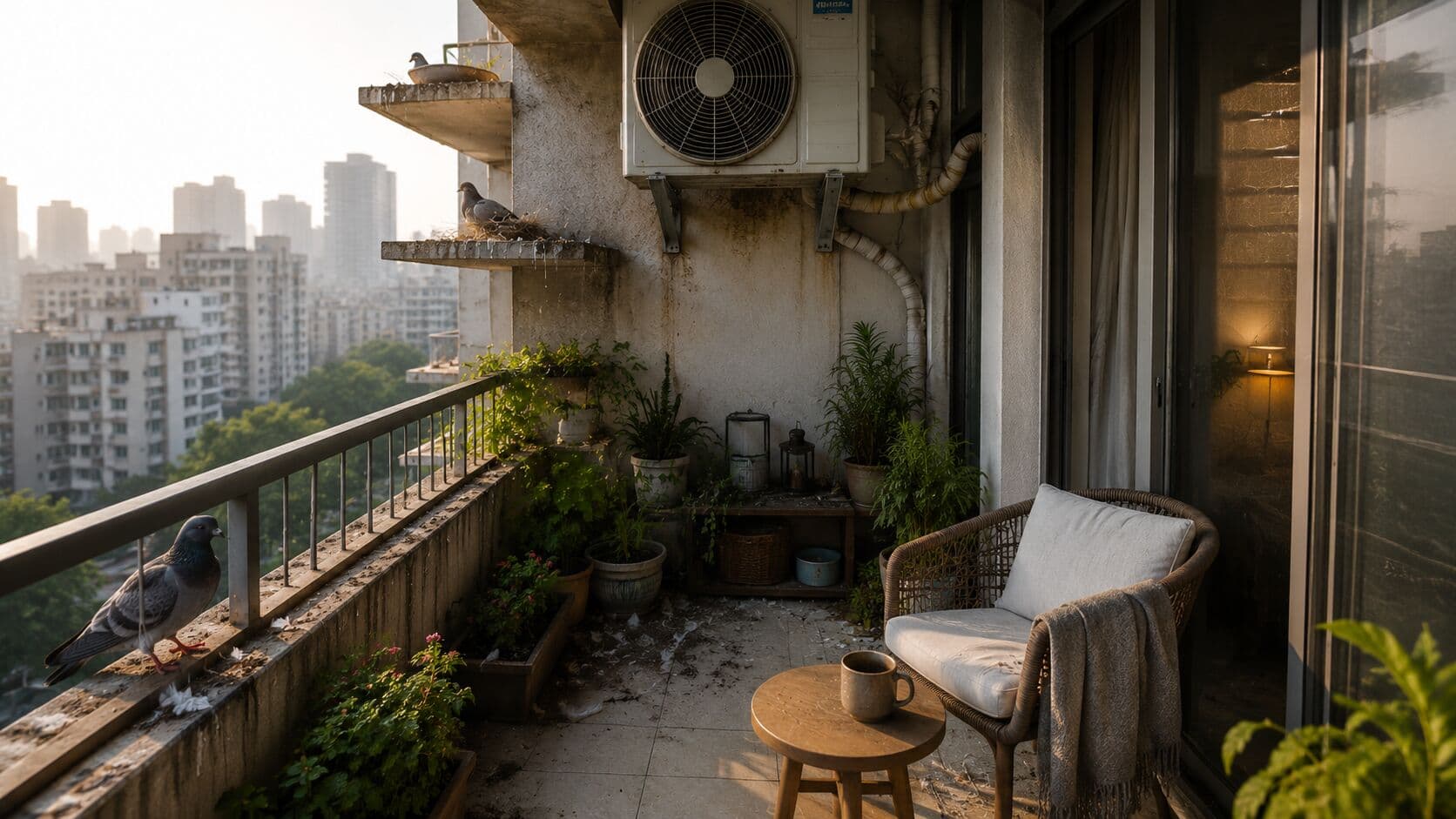 An urban apartment balcony that has lost its original charm