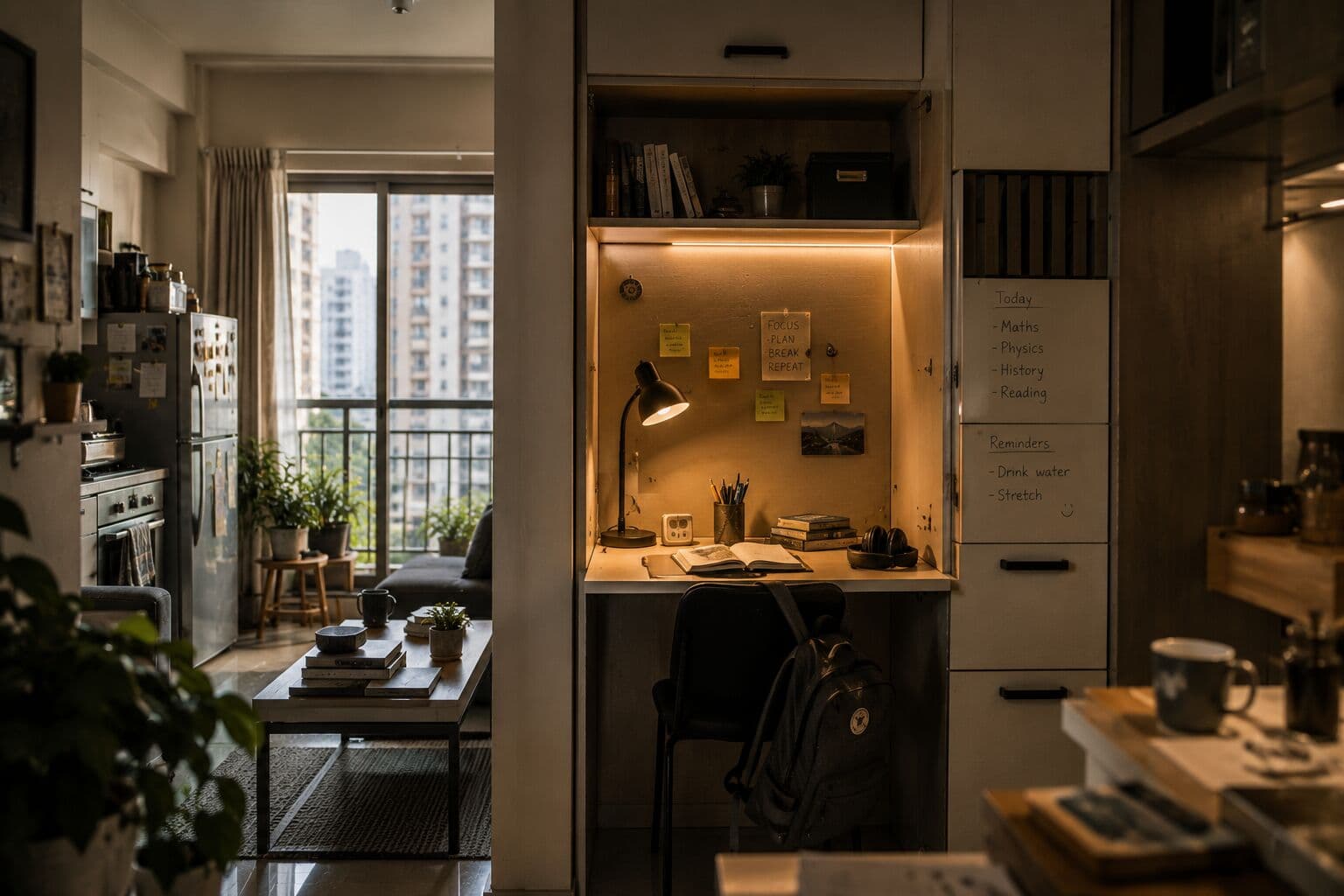 A teenager studying in a compact Mumbai apartment