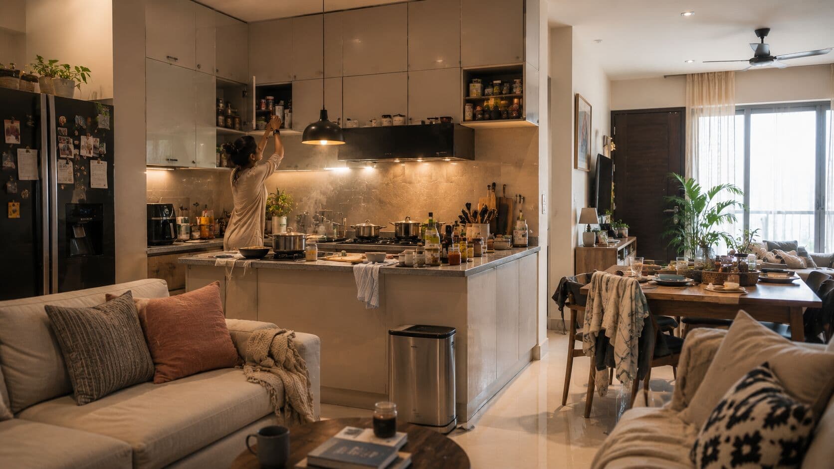 An open kitchen in an Indian apartment that has become visually overwhelming