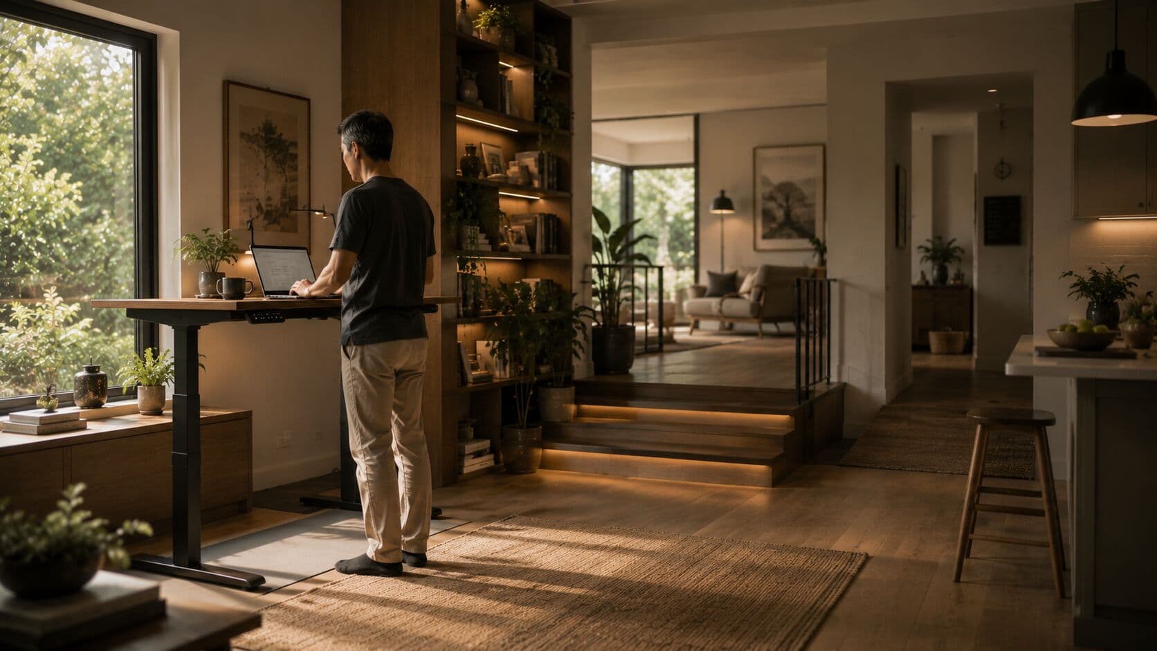 A bright, open living space with a sit-stand desk and uncluttered pathways that invite movement