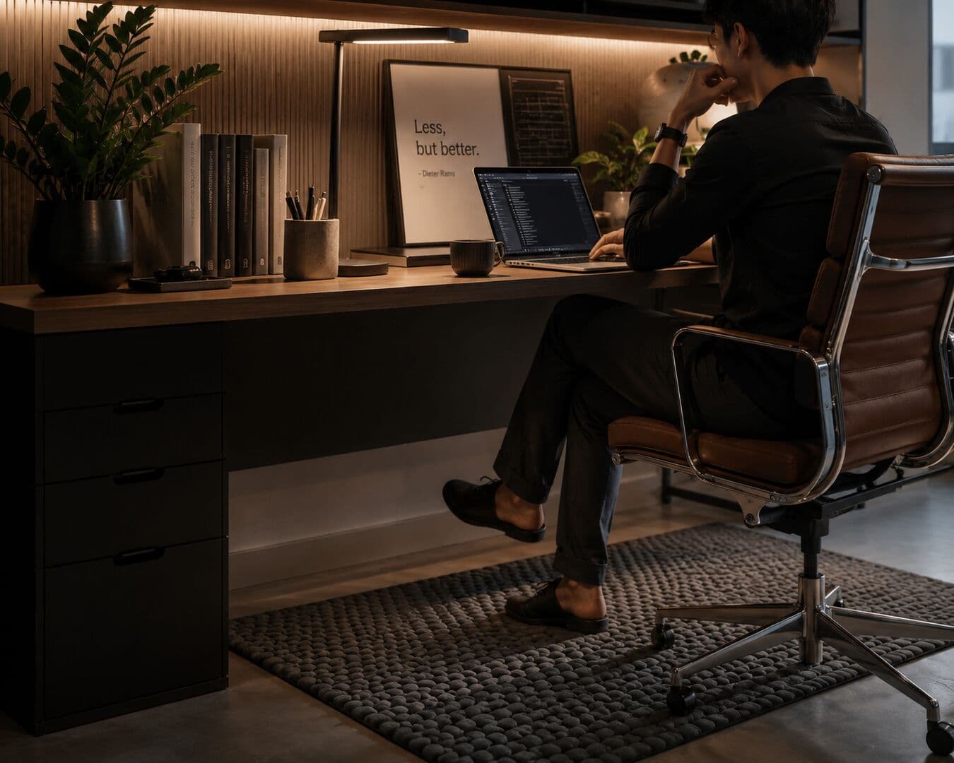 A workspace desk with a textured tactile mat and subtle design details