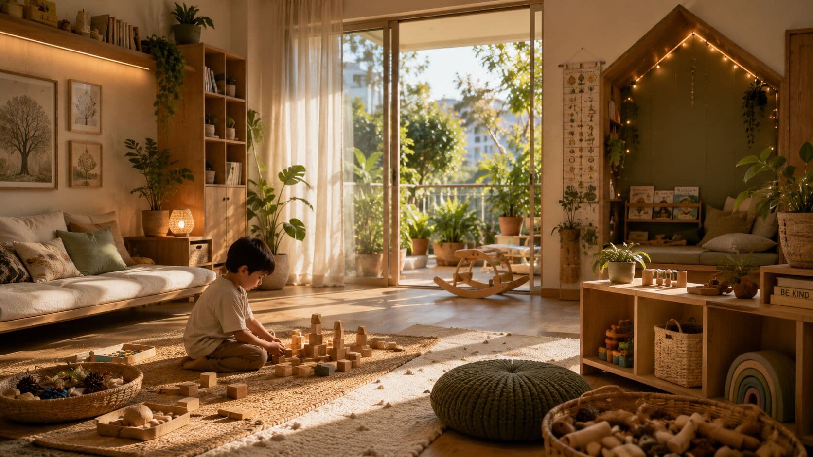 A child playing with natural textures outdoors, barefoot on grass