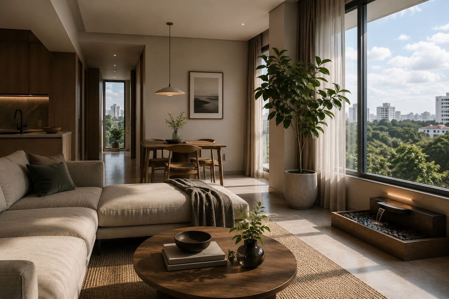 A calm, naturally-lit corner with a single plant and wooden textures
